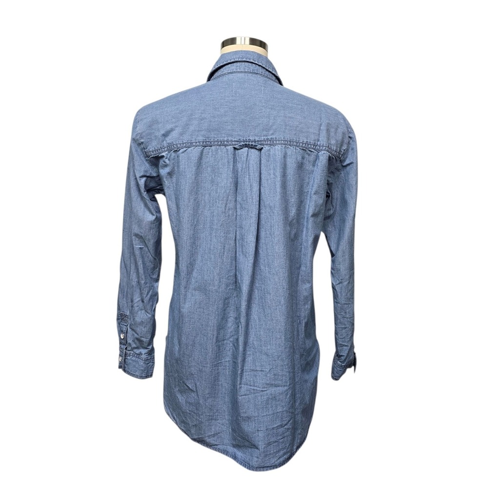 Pilcro Anthropologie Denim Ruffle Button Down Shirt Blue Size Small Frayed Trim - Picture 3 of 9